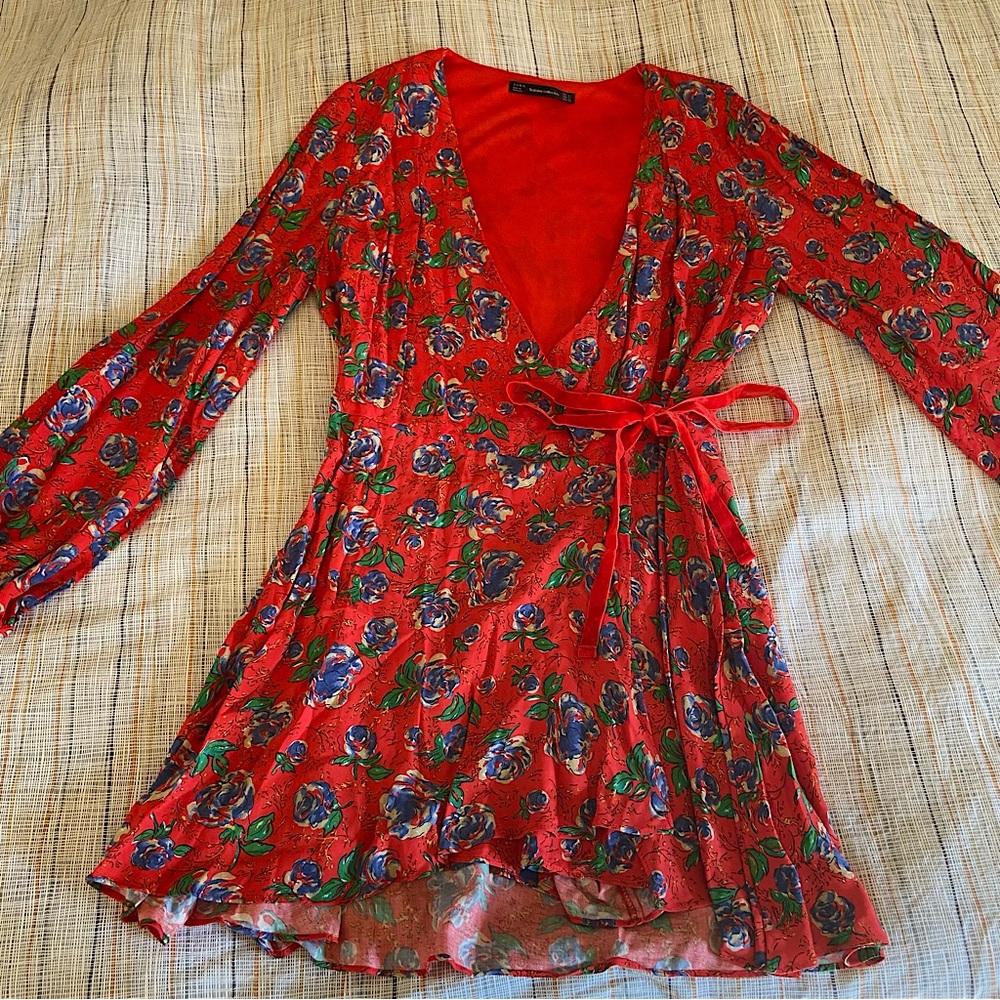 Orange Zara floral wrap dress with built in shorts